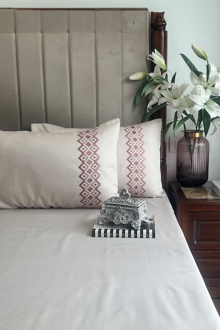 Shop_Sadyaska_Grey Cotton Rich Embroidered Bedsheet With Diandra Pattern Pillow Covers Set _at_Aza_Fashions