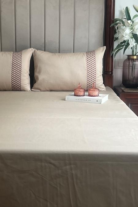 Sadyaska Beige Cotton Rich Lisse Solid Bedsheet Set