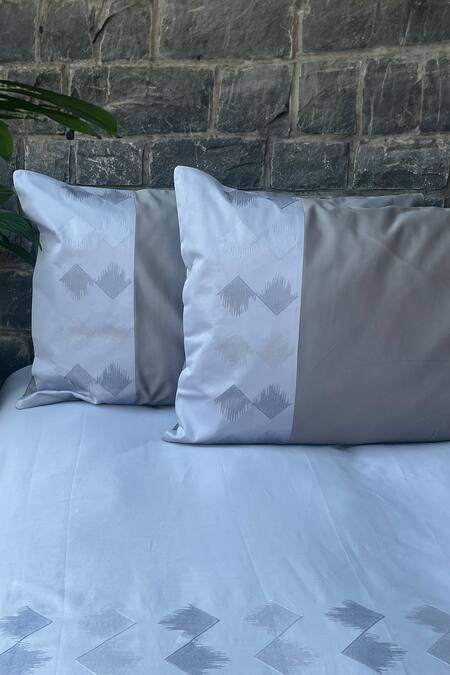 Shop_Sadyaska_Blue 100% Cotton, Satin Weave Thread Embroidered Peak Work Bedsheet Set_at_Aza_Fashions