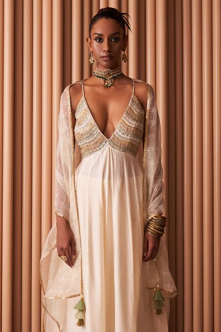Rishi and Vibhuti Ivory Chanderi, Organza Sequins, Zari, Embroidery Astrid Anarkali Pant Set Online at Aza Fashions Rishi and Vibhuti_Ivory Chanderi, Organza Sequins, Zari, Embroidery Astrid Anarkali Pant Set _Online_at_Aza_Fashions