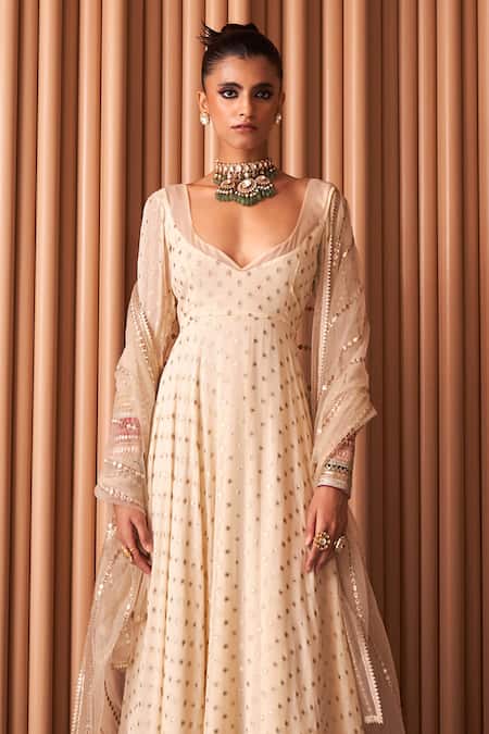 Rishi and Vibhuti_Ivory Chanderi, Organza Embroidery, Sequins Anarkali With Dupatta _Online_at_Aza_Fashions