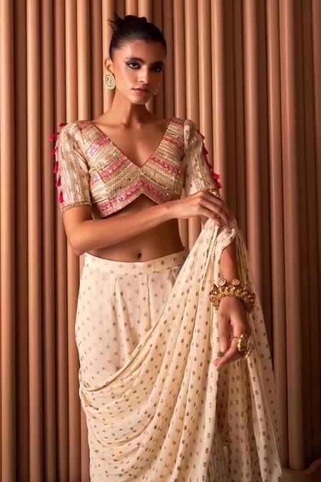 Buy Rishi and Vibhuti Ivory Georgette Sequins, Embroidery V-neck Sunlee Sharara Saree With Blouse Online at Aza Fashions Buy_Rishi and Vibhuti_Ivory Georgette Sequins, Embroidery V-neck Sunlee Sharara Saree With Blouse _Online_at_Aza_Fashions
