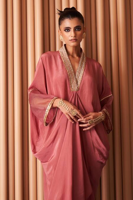 Rishi and Vibhuti Pink Crepe Embroidery, Sequins V-neck Elsie Neckline Kaftan Online at Aza Fashions Rishi and Vibhuti_Pink Crepe Embroidery, Sequins V-neck Elsie Neckline Kaftan _Online_at_Aza_Fashions