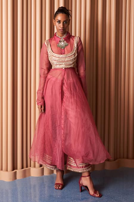 Rishi and Vibhuti Pink Organza Embroidered Sequin Collared Diana Blouse Kurta Set 