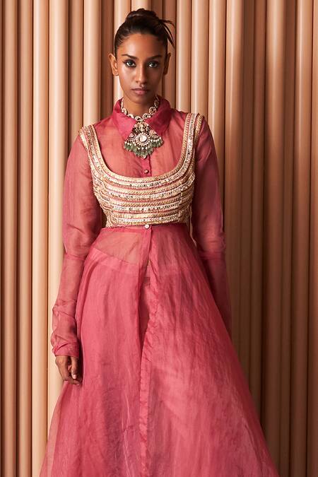 Rishi and Vibhuti Pink Organza, Crepe Embroidery, Sequins, Zari Collared Diana Blouse Kurta Set Online at Aza Fashions Rishi and Vibhuti_Pink Organza, Crepe Embroidery, Sequins, Zari Collared Diana Blouse Kurta Set _Online_at_Aza_Fashions