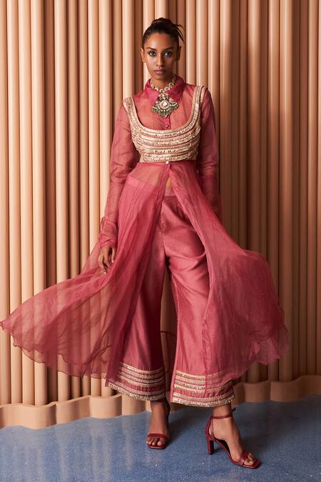 Buy Rishi and Vibhuti Pink Organza, Crepe Embroidery, Sequins, Zari Collared Diana Blouse Kurta Set Online at Aza Fashions Buy_Rishi and Vibhuti_Pink Organza, Crepe Embroidery, Sequins, Zari Collared Diana Blouse Kurta Set _Online_at_Aza_Fashions