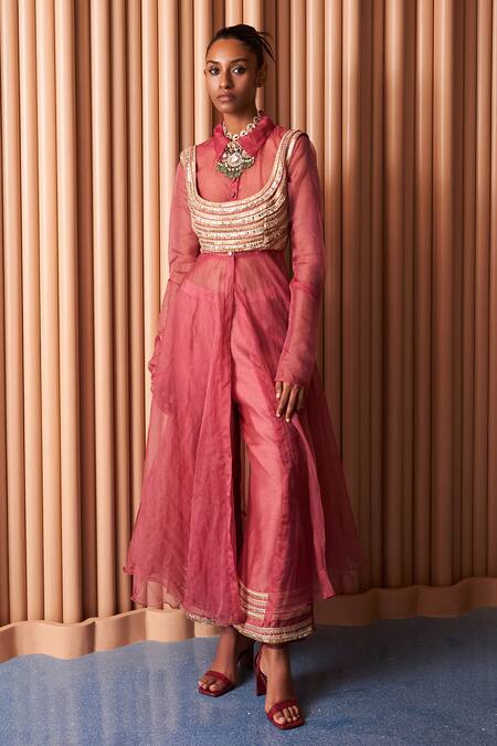 Shop Rishi and Vibhuti Pink Organza, Crepe Embroidery, Sequins, Zari Collared Diana Blouse Kurta Set Online at Aza Fashions Shop_Rishi and Vibhuti_Pink Organza, Crepe Embroidery, Sequins, Zari Collared Diana Blouse Kurta Set _Online_at_Aza_Fashions