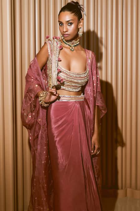 Rishi and Vibhuti Pink Organza, Crepe, Georgette Sequins Karl Embroidered Draped Skirt Cape Set Online at Aza Fashions Rishi and Vibhuti_Pink Organza, Crepe, Georgette Sequins Karl Embroidered Draped Skirt Cape Set _Online_at_Aza_Fashions