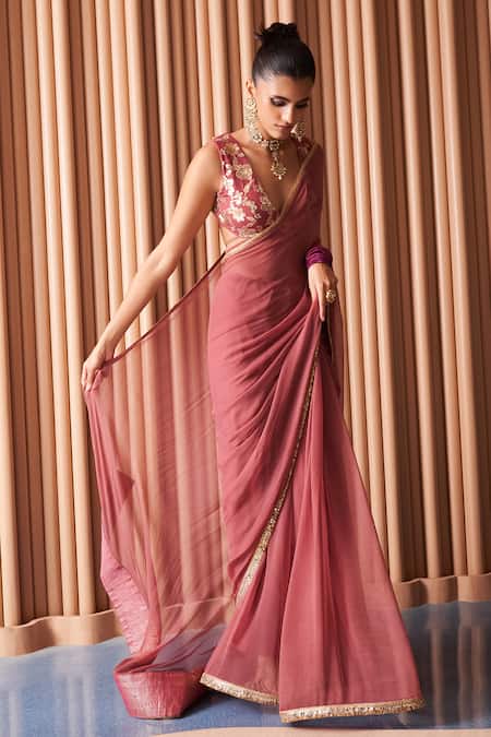 Buy_Rishi and Vibhuti_Pink Chiffon Sequins, Embroidery V-neck Clarie Saree With Blouse _Online_at_Aza_Fashions
