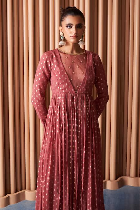 Buy_Rishi and Vibhuti_Pink Organza, Chanderi, Georgette Embroidery Round Neck Kylie Anarkali Pant Set _Online_at_Aza_Fashions