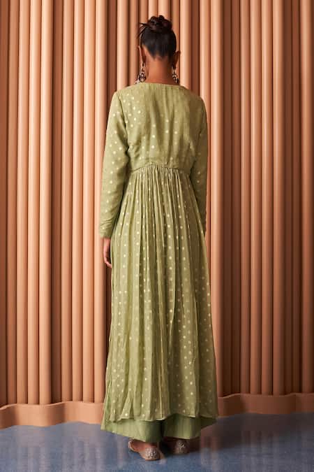 Shop_Rishi and Vibhuti_Green Organza, Chanderi Sequins, Embroidery Round Neck Lake Anarkali Pant Set _at_Aza_Fashions