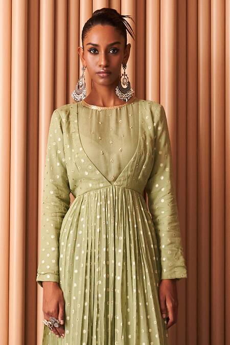 Rishi and Vibhuti_Green Organza, Chanderi Sequins, Embroidery Round Neck Lake Anarkali Pant Set _Online_at_Aza_Fashions