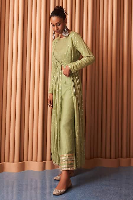 Buy_Rishi and Vibhuti_Green Organza, Chanderi Sequins, Embroidery Round Neck Lake Anarkali Pant Set _Online_at_Aza_Fashions