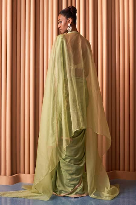 Rishi and Vibhuti Sequin Blossom Work Cape Saree Set 