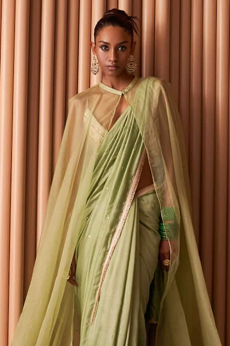 Rishi and Vibhuti Green Chiffon Sequins Plunge Neck Blossom Work Cape Saree Set Online at Aza Fashions Rishi and Vibhuti_Green Chiffon Sequins Plunge Neck Blossom Work Cape Saree Set _Online_at_Aza_Fashions