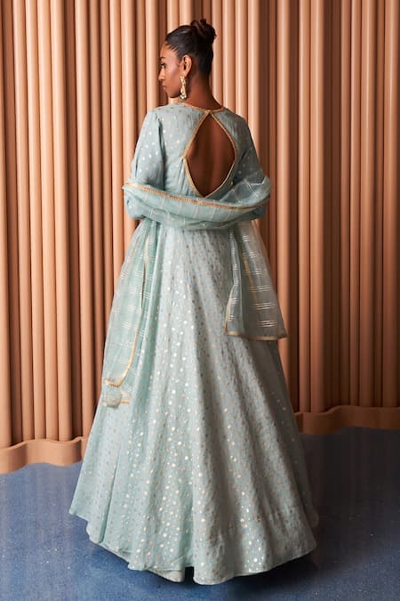 Shop Rishi and Vibhuti Blue Chanderi, Organza Embroidery, Lace Sterling Yoke Anarkali With Dupatta at Aza Fashions Shop_Rishi and Vibhuti_Blue Chanderi, Organza Embroidery, Lace Sterling Yoke Anarkali With Dupatta _at_Aza_Fashions