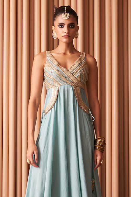 Rishi and Vibhuti_Blue Chanderi Sequins V-neck Trim Lace Embellished Jumpsuit _Online_at_Aza_Fashions
