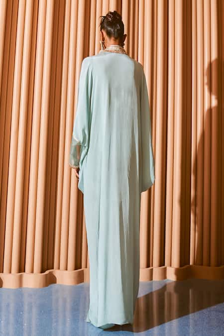 Rishi and Vibhuti Lily Lake Lace Embellished Neckline Draped Kaftan 