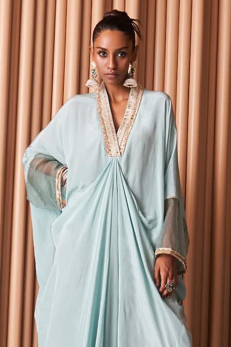 Rishi and Vibhuti_Blue Crepe Sequins V-neck Lily Lake Lace Embellished Neckline Draped Kaftan _Online_at_Aza_Fashions