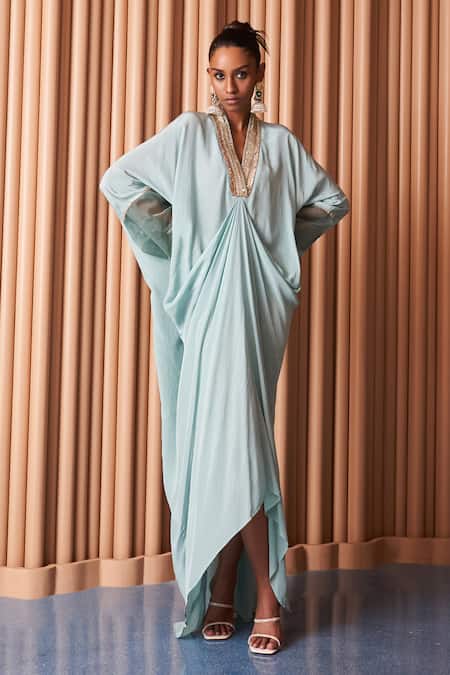 Buy_Rishi and Vibhuti_Blue Crepe Sequins V-neck Lily Lake Lace Embellished Neckline Draped Kaftan _Online_at_Aza_Fashions