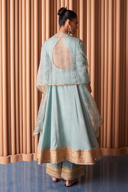 Shop Rishi and Vibhuti Blue Crepe Lace, Sequins Boat Neck Ellinor Embroidered Anarkali Set at Aza Fashions Shop_Rishi and Vibhuti_Blue Crepe Lace, Sequins Boat Neck Ellinor Embroidered Anarkali Set _at_Aza_Fashions