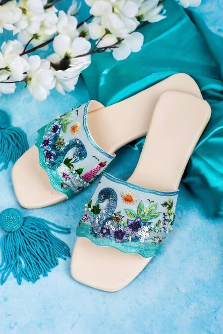 Kasually Klassy_Blue Bead And Thread Embroidered Sliders_Online_at_Aza_Fashions