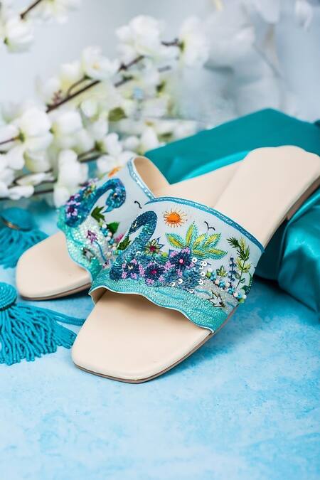 Buy_Kasually Klassy_Blue Bead And Thread Embroidered Sliders_Online_at_Aza_Fashions