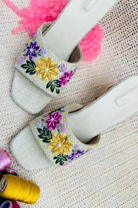 Kasually Klassy_White Embroidery Floral Thread Mules_Online_at_Aza_Fashions