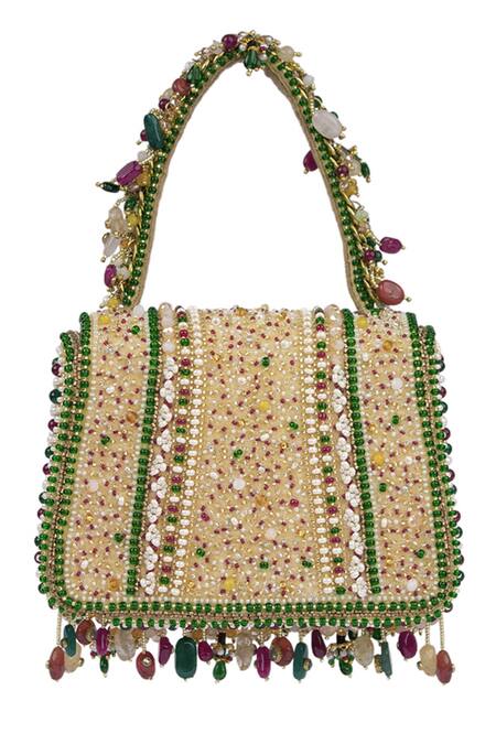 Shop_Lovetobag_Red Beads, Stones, Tassels Amara Mini Trapezium Studded Clutch _at_Aza_Fashions