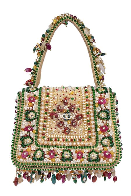 Lovetobag_Red Beads, Stones, Tassels Amara Mini Trapezium Studded Clutch _Online_at_Aza_Fashions