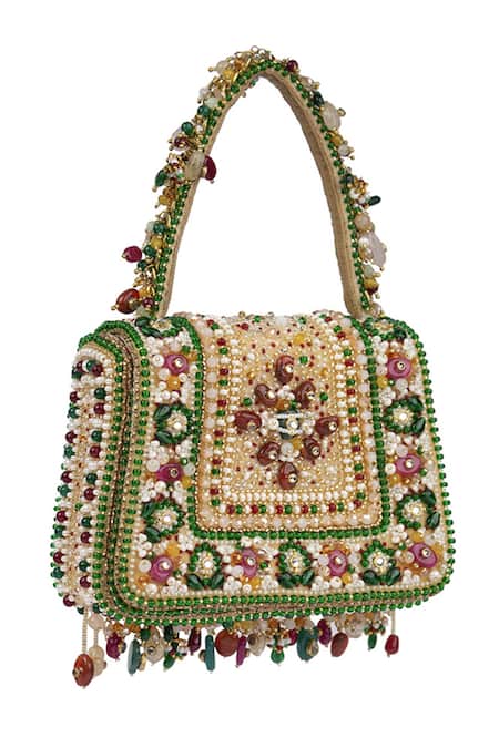 Buy_Lovetobag_Red Beads, Stones, Tassels Amara Mini Trapezium Studded Clutch _Online_at_Aza_Fashions