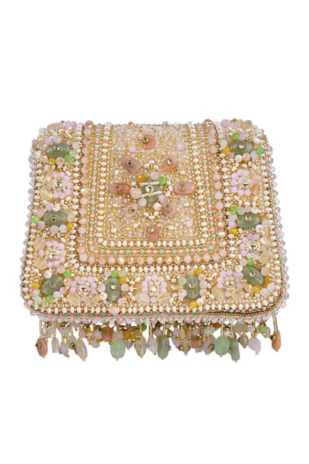 Lovetobag_Multi Color Embroidery, Beads, Sequins Amara Mini Trapezium Pastel Clutch _Online_at_Aza_Fashions