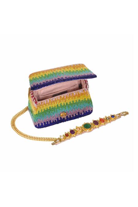 Lovetobag_Multi Color Embellished Dysis Mini Clutch With Gem Shoulder Handle _at_Aza_Fashions