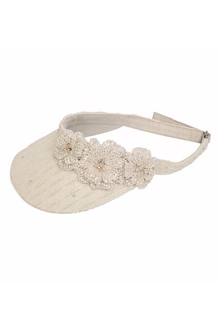 Shop Lovetobag Ivory Embellished Esme Embroidered Visor Cap Online at Aza Fashions Shop_Lovetobag_Ivory Embellished Esme Embroidered Visor Cap _Online_at_Aza_Fashions