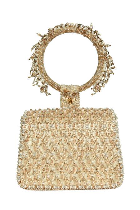 Lovetobag_Gold Embellished Joel Mini Trapezium Clutch With Bangle Handle _Online_at_Aza_Fashions