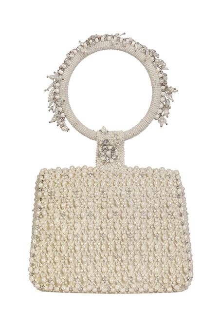Lovetobag_Ivory Embellished Joel Trapezium Clutch With Bangle Handle _Online_at_Aza_Fashions