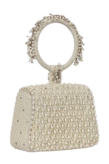 Buy_Lovetobag_Ivory Embellished Joel Trapezium Clutch With Bangle Handle _Online_at_Aza_Fashions