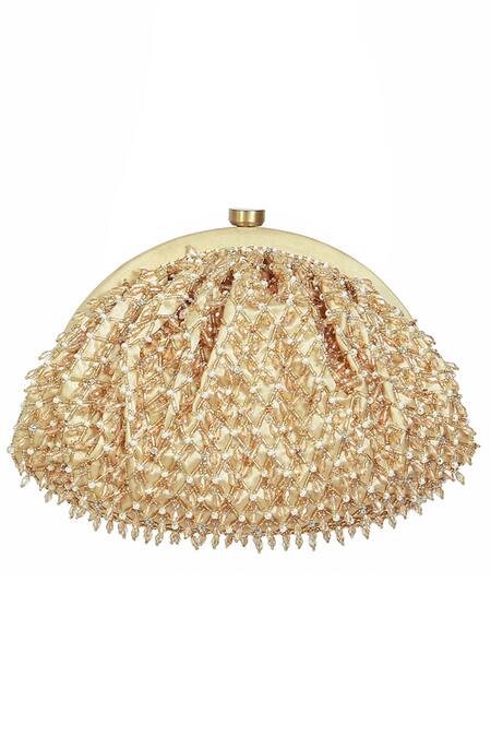 Lovetobag_Gold Embellished Joel Crystal Soft Pouch _Online_at_Aza_Fashions
