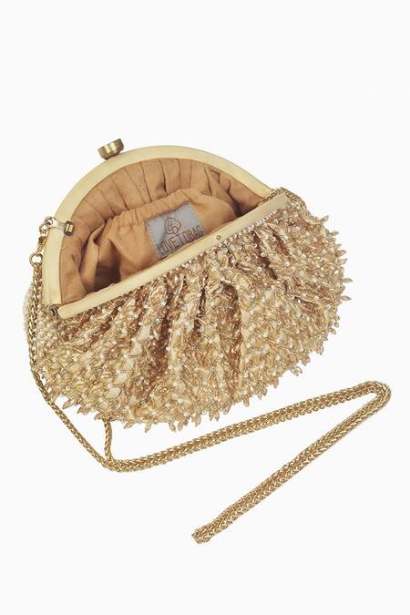 Buy_Lovetobag_Gold Embellished Joel Crystal Soft Pouch _Online_at_Aza_Fashions