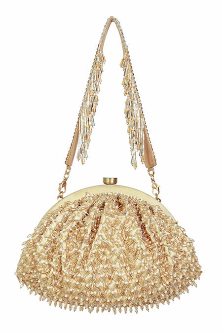 Lovetobag_Gold Embellished Joel Crystal Soft Pouch With Handle _Online_at_Aza_Fashions
