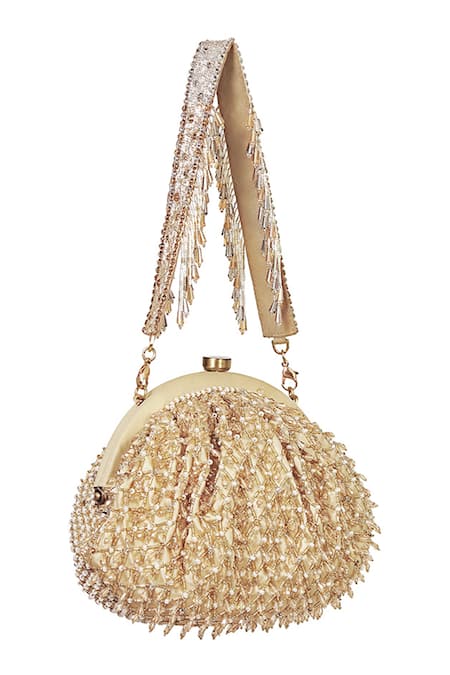 Buy_Lovetobag_Gold Embellished Joel Crystal Soft Pouch With Handle _Online_at_Aza_Fashions