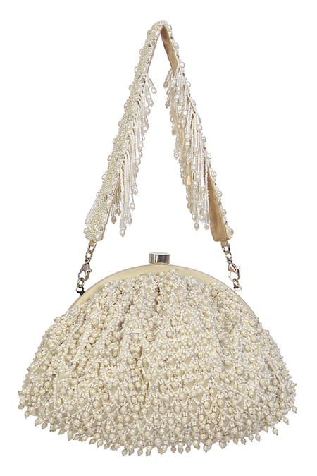 Lovetobag Ivory Embellished Joel Jaali Soft Pouch With Handle Online at Aza Fashions Lovetobag_Ivory Embellished Joel Jaali Soft Pouch With Handle _Online_at_Aza_Fashions