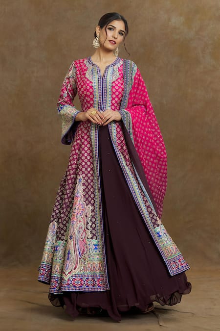 Samyukta Singhania Wine Anarkali Silk Embroidered Floral Notched Slit Skirt Set 