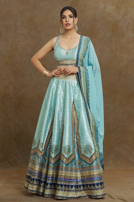 Powder blue lehenga skirt with Navy blue embroidered blouse – Panache Haute  Couture