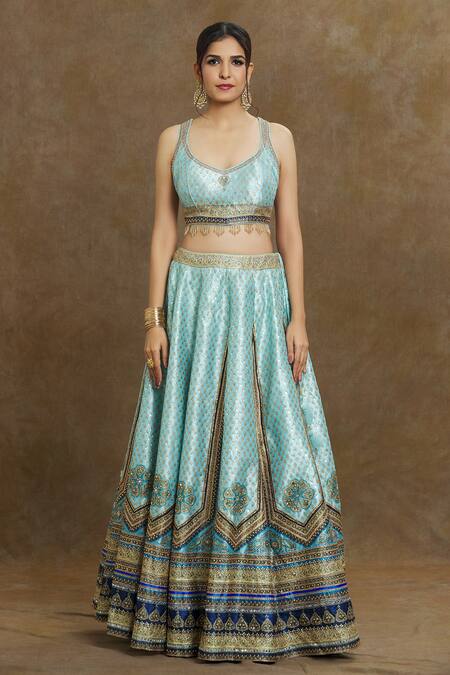 Samyukta Singhania_Sky Blue Silk, Georgette Beads, Mirrors, Sequin Embroidered Bridal Lehenga Set_Online_at_Aza_Fashions