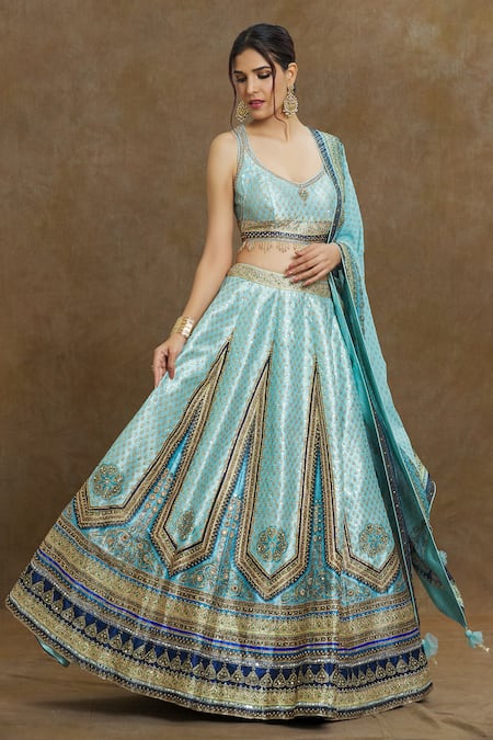 Buy_Samyukta Singhania_Sky Blue Silk, Georgette Beads, Mirrors, Sequin Embroidered Bridal Lehenga Set_Online_at_Aza_Fashions
