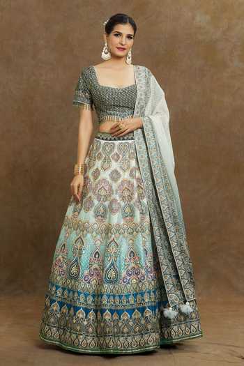 Buy Blue Lehenga And Blouse Silk Embroidered Bead Ombre Bridal Set For ...