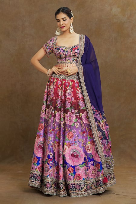 Samyukta Singhania Multi Color Lehenga And Blouse Silk Embroidered Sequins Flower Bloom Bridal Set