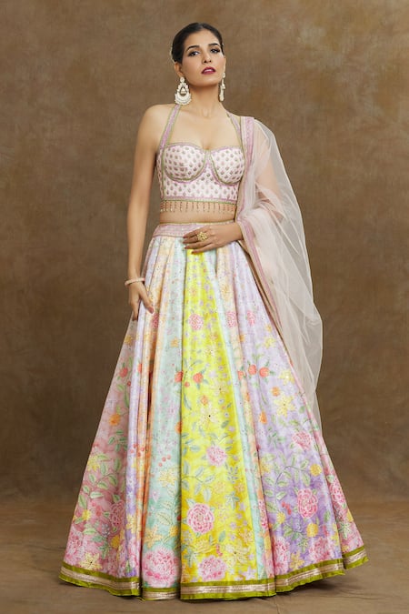 Samyukta Singhania Multi Color Lehenga And Blouse Silk Embroidered Sequins Flower Bridal Set