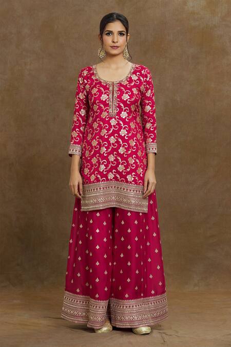Samyukta Singhania Magenta Silk, Georgette, Crepe Zari, Floral Vine Pattern Kurta Palazzo Set Online at Aza Fashions Samyukta Singhania_Magenta Silk, Georgette, Crepe Zari, Floral Vine Pattern Kurta Palazzo Set_Online_at_Aza_Fashions
